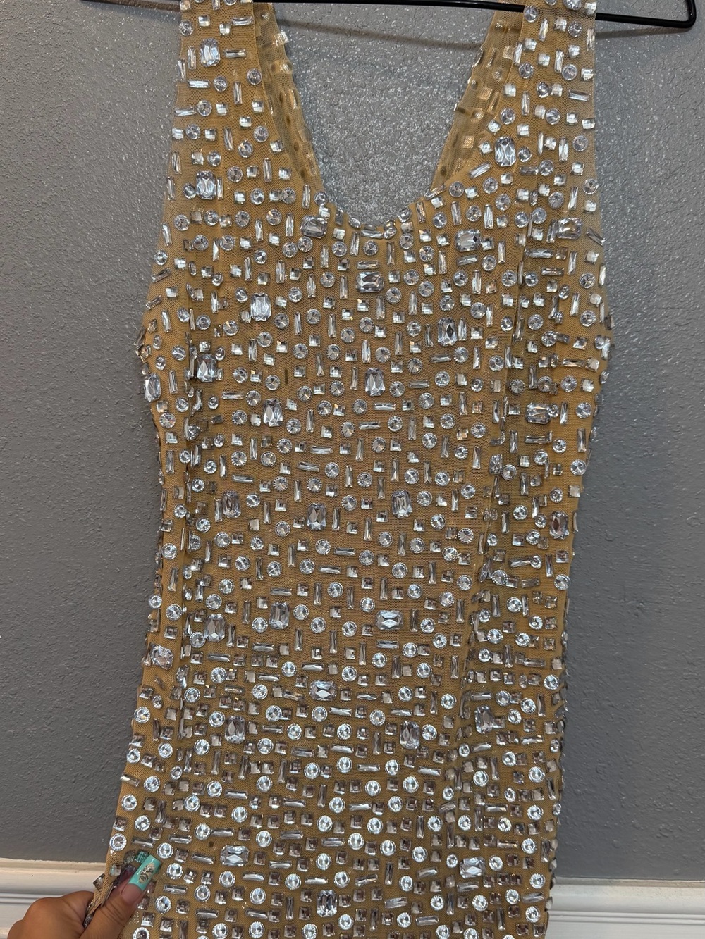 Embellished sheer long line dress with front slit